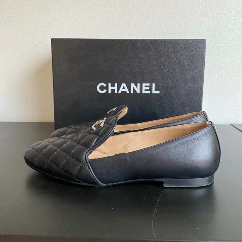 CHANEL Black Lambskin Quilted Leather Loafers Silver CC 37.5 7 7.5 Shoes Box - Picture 6 of 12
